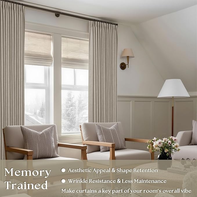 Burlywood Taupe Pinch Pleated Linen 108 Inch Curtains 60 Inch Width for Living Room Divider Light Filtering Semi Sheer Extra Wide Patio Curtains for Sliding Door Floor Ceiling Picture Window 60x108