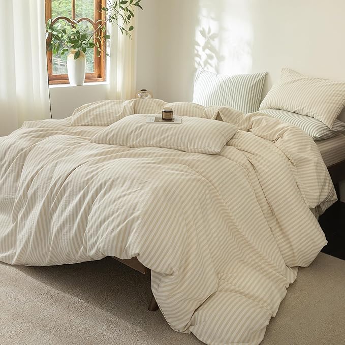 FOSSA Striped Duvet Cover Set 100% Washed Cotton Linen Feel Super Soft Breathable Cozy 3 Pieces Bedding Sets Almond Milk Grey Classic Stripes Queen