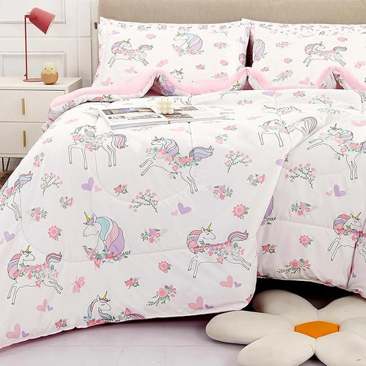 Viviland Kids Full Bedding Sets for Girls, Soft Full Comforter Set with Sheets, 7 Pieces Microfiber Bed in a Bag, White Unicorn