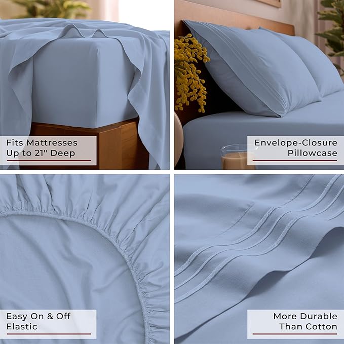 Mellanni Queen Sheet Set - 6-Piece Iconic Collection Bedding, (Including 4 Pillowcases), 21-Inch Extra Deep Pocket, Easy Care, Ultra Soft, Cooling Sheets, Brushed Microfiber - Sky Blue