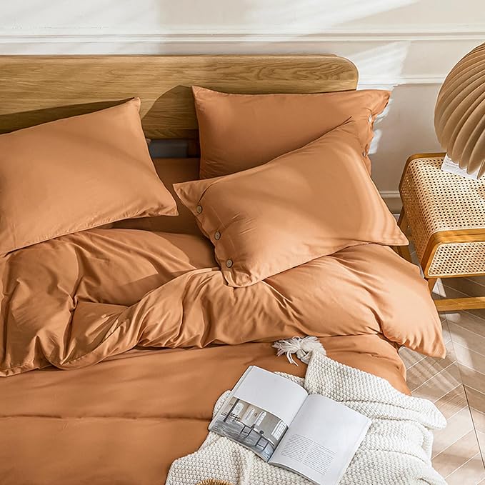 JELLYMONI Cotton Duvet Cover Queen Size - Burnt Orange Comforter Cover with Button 100% Washed Cotton 3PCS Breathable Soft Solid Bedding Set Duvet Cover 90×90in & 2 Pillowcases (NO Comforter)