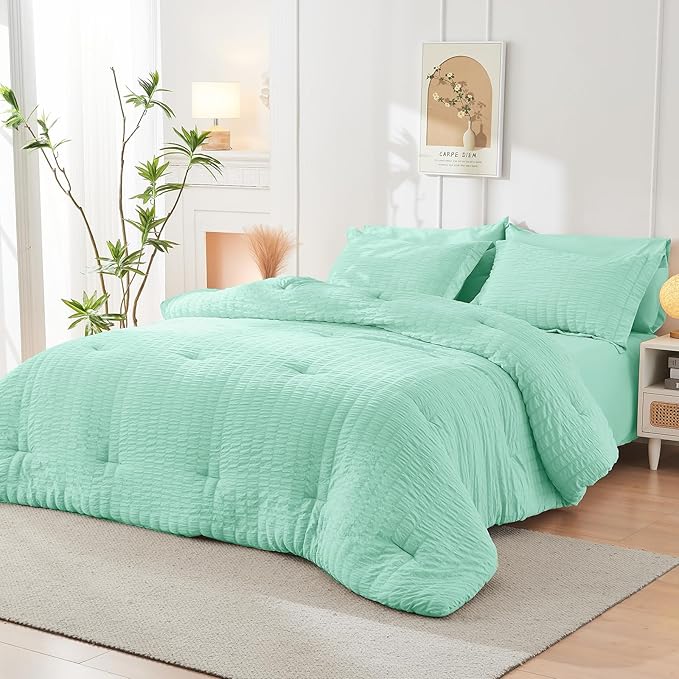 HYMOKEGE Mint Green California King Comforter Set Seersucker 7 Pieces, All Season Luxury Bed in a Bag for Bedroom, Bedding Set with Comforter, Sheets, Pillowcases & Shams