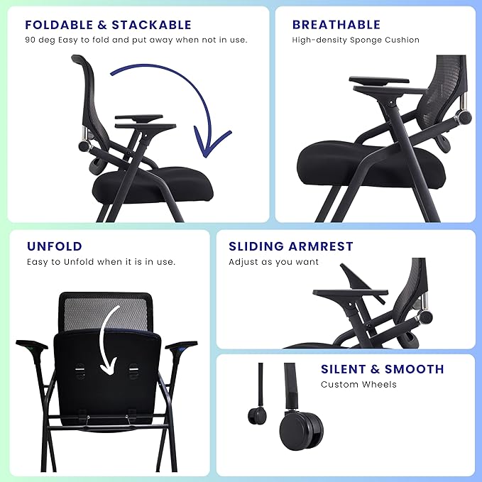 8 Pack Stackable & Foldable Conference Room Chairs with Lumbar Support, Armrest - Ergonomic Mesh Bouncing Back for Office Meeting, Conference, Reception and Training Room Chair