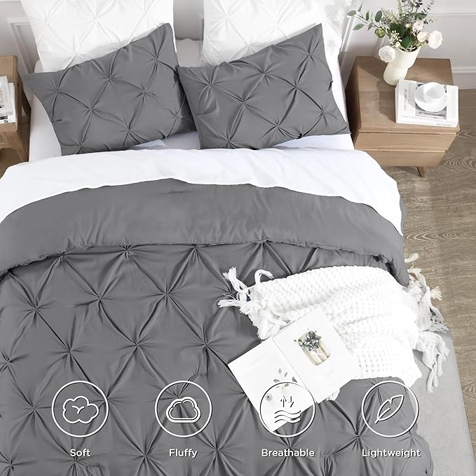 Andency Medium Gray Queen Comforter Set, 3 Piece All Season Decorative Pintuck Bedding Comforter & Sets, Grey Soft Microfiber Lightweight Washable Bed Set for Queen Size Bed
