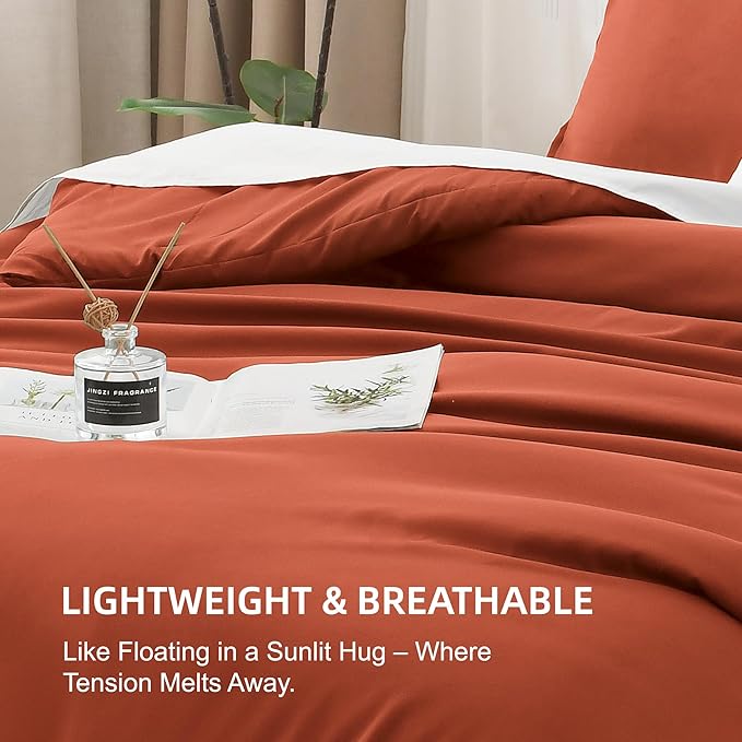 Litanika Comforter Set, Lightweight Solid Bedding Comforter Set, Fluffy Down Alternative Bed Set, Burnt Orange, Super King