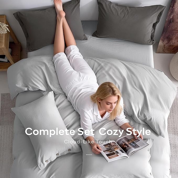JELLYMONI 100% Washed Cotton Duvet Cover Queen – Soft, Breathable Linen-Look Bedding with Natural Wrinkle Texture, Button Closure, 3-Piece Set (Pale Grey, 90"x90")