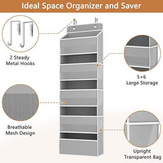 1 Pack 5-Tier Over the Door Organizer, Heavy-Duty Large Deep Pocket Hanging With 5 Large Front & 6 Side Pockets With for Pantry, Kitchen, Bathroom, Dorm, Grey