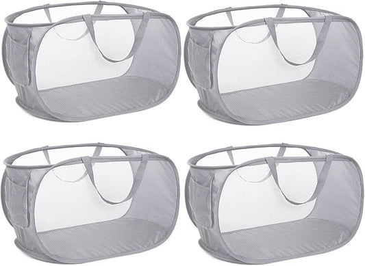 4 Pack Collapsible Laundry Baskets, Foldable Laundry Basket with Pocket, Durable Pop Up Hampers, Reinforced Handles Dirty Clothes Hamper for Laundry, Bedroom, Bathroom, Dorm, Travel or Camping Grey