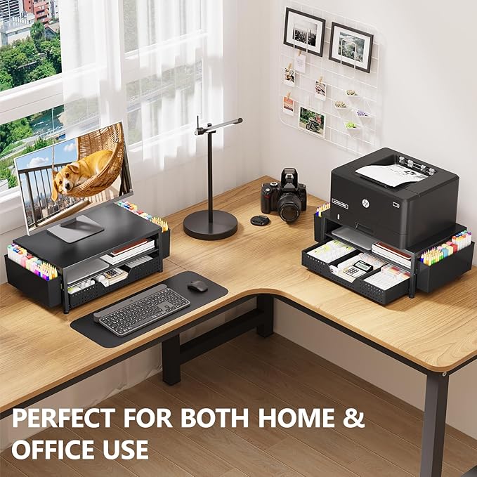 OPNICE Desk Organizer and Accessories, 2-Tier Computer Monitor Stand Riser with Drawer and 2 Pen Holders, Laptop Stand, Office Desk Accessories for Office Supplies, Black – Hot Seller