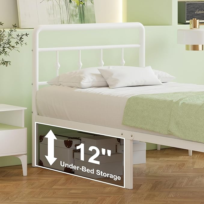 14 Inch White Twin Bed Frames with Victorian Headboard and Footboard, Heavy Duty Vintage Twin Bed Frame No Box Spring Needed, Metal Mattress Foundation, Easy Assembly