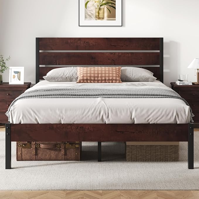 Queen Bed Frame with Headboard and Footboard, with Under Bed Storage, All-Metal Support System, No Box Spring Needed, Easy Assembly, Red Brown