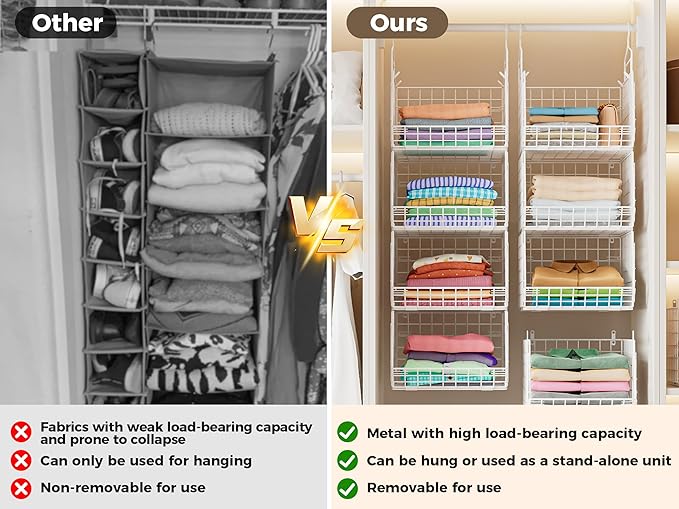 4" Extra Deeper Foldable Hanging Closet Organizer, Small Wire Cabinet Shelves and Storage with 5 S Hooks,4 Tier Metal Basket Bins for Clothes Sweaters Handbags, Wardrobe for Kitchen Laundry Room，White