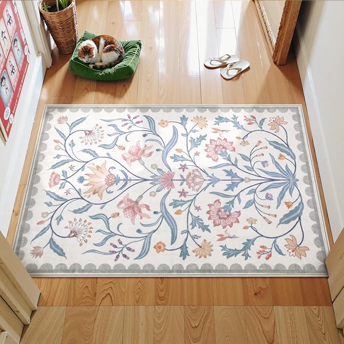 Lahome Boho Floral 2x3 Small Bathroom Rugs Non Slip Washable, Grey/Beige Kitchen Rugs for Entryway, Soft Indoor Carpet Throw Rug for Laundry Indoor Door Mat (Grey/Beige,2x3)