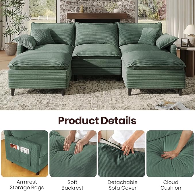 108" U Shaped Modular Sectional Cloud Couch with Two Ottoman, Snap-on Easy Installation 5-Piece Deep Seat Sofas with Storage Bag and Coffee Table for Living Room, Corduroy, Green