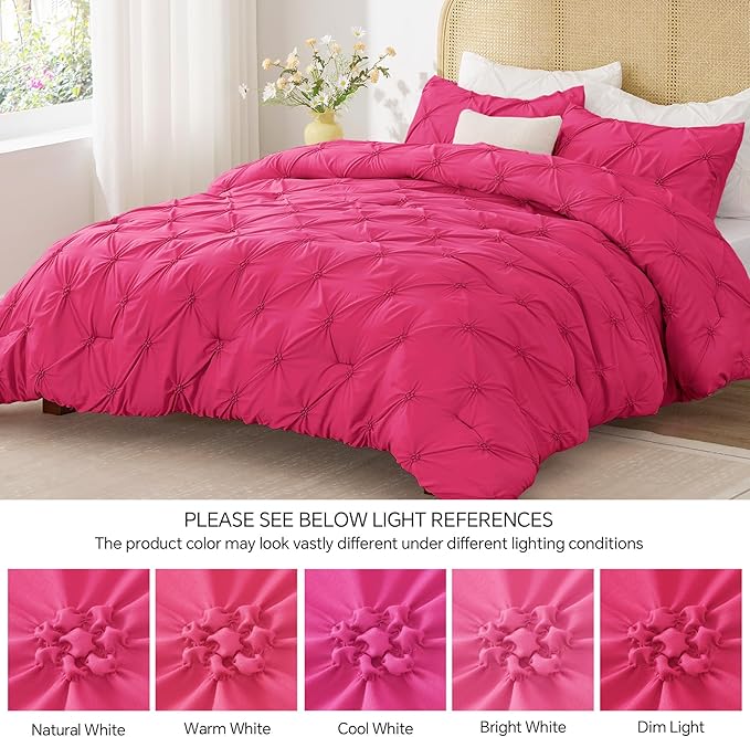 BEDELITE Hot Pink Queen Comforter Set - 3 Pieces Boho Pintuck Bedding Comforter Sets, Lightweight Soft & Warm Bed Comforter Queen with 2 Pillowcases for All Season