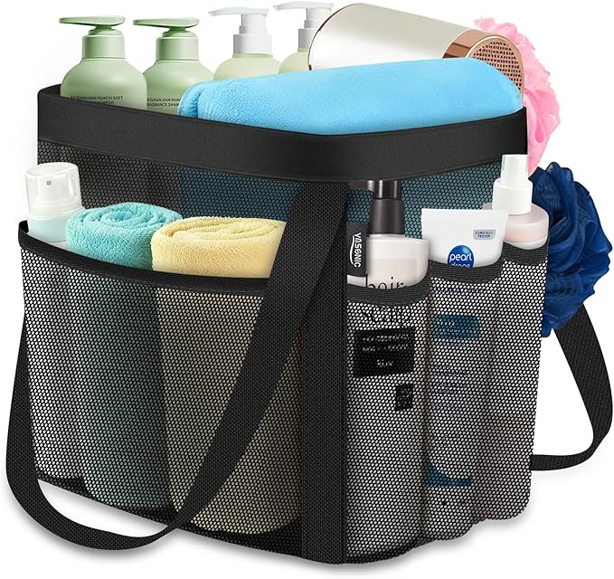YASONIC Mesh Shower Caddy Portable for Dorm College Room Essentials, 8-Pocket Large Shower Bag with Double Handles, Hanging Shower Basket for Beach, Swimming, Bathroom, Beach, Camp, Gym, Black