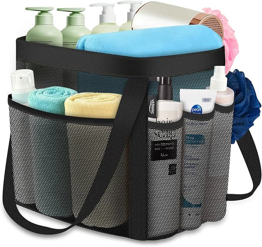 YASONIC Mesh Shower Caddy Portable for Dorm College Room Essentials, 8-Pocket Large Shower Bag with Double Handles, Hanging Shower Basket for Beach, Swimming, Bathroom, Beach, Camp, Gym, Black