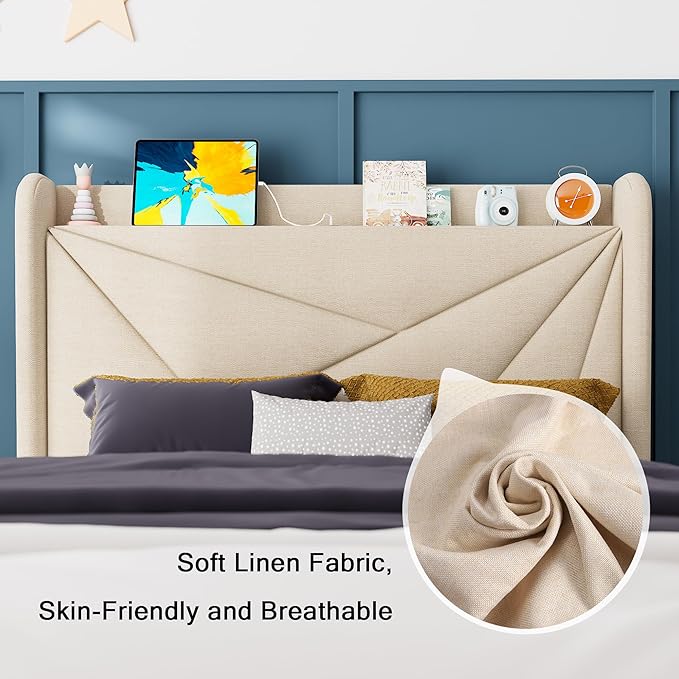 Feonase Twin Size Bed Frame with Charging Station, Upholstered Linen Bedframe with Wingback Headboard, Solid Wood Slats Support, No Box Spring Needed, Noise Free, Beige