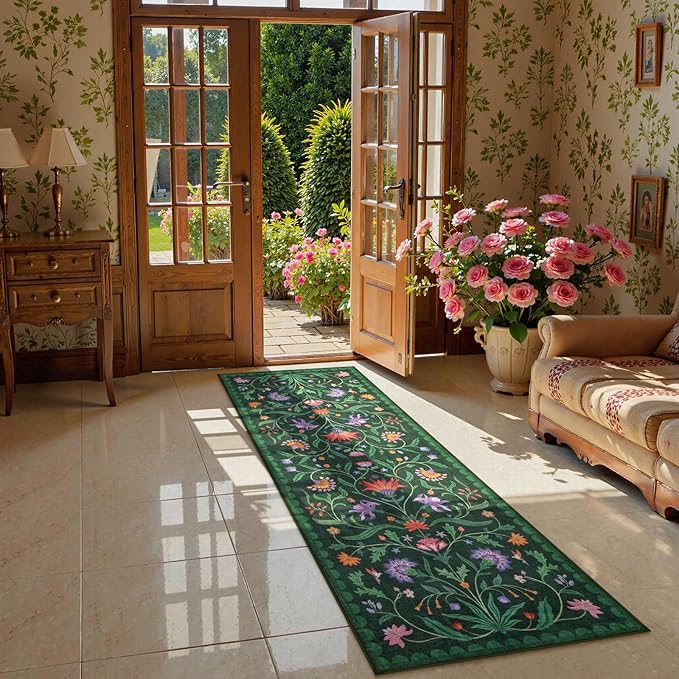 Lahome Boho Floral 2x6 Washable Green Bathroom Kitchen Runner Rug, Soft Rug Runners for Hallways Non Slip, Low-Pile Carpet Runner for Entryway Laundry (Forest Green,2x6)