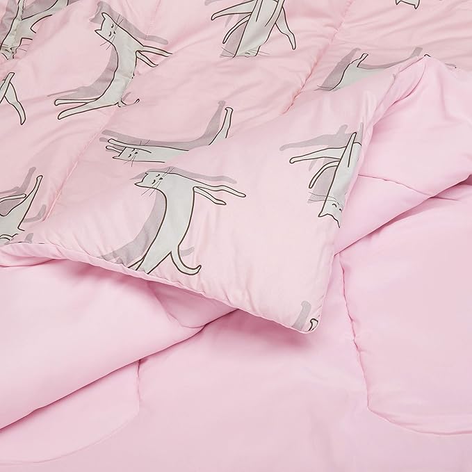 Amazon Basics Kid's Easy Care Microfiber Bed-in-a-Bag 5-Piece Bedding Set, Twin, Pink Cats, Animal Printed