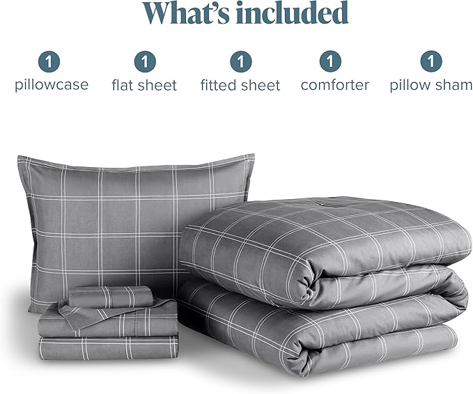 Bare Home Bedding Set 4 Piece Comforter & Sheet Set - Twin XL - Track Stitch - Goose Down Alternative - Ultra-Soft 1800 Premium Bed Set (Twin XL, Modern Plaid - Grey/White)