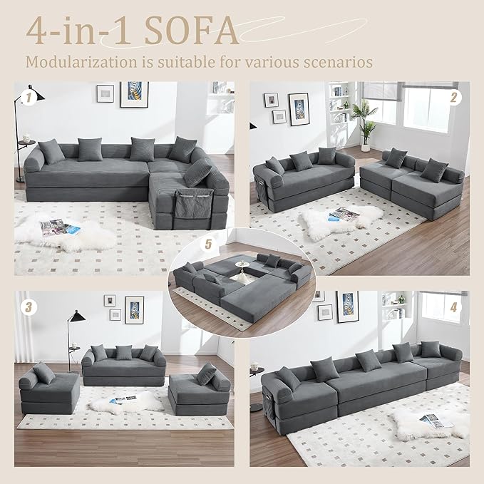 106" Oversized Convertible Sleeper Sofa Bed, Corduroy L Shape Sectional Couch, Folding Sofa Bed with Side Pocket, Modern Cloud Floor Mattress Couch, Modular Sofa for Living Room, Gray