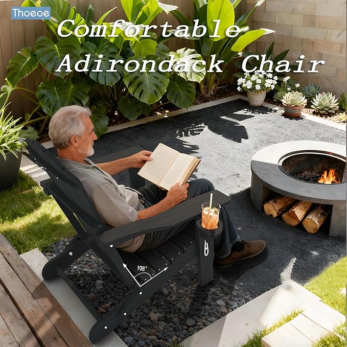 Adirondack Chair Set of 2, Folding All-Weather Outdoor HDPE Patio Chair with Cup Holder, Grey