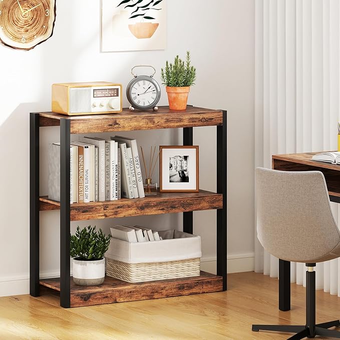Giantex 3 Tier Bookshelves Set of 2, Freestanding Wooden Bookcase with Dual Anti-Tipping Kits, Open Display Rack Shelving Unit, Storage Organizer for Living Room, Bedroom & Study, Rustic Brown & Black
