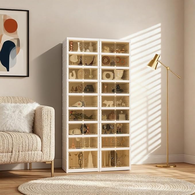 Foldable Shoe Organizer Storage Box, Portable Extra Large Folding Shoe Rack for Closet, Shoe Storage Box with Magnetic Transparent Door and Wheels, 9 Layers 18 Grids with 2 Big Grids