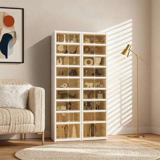 Foldable Shoe Organizer Storage Box Set of 2, Portable Extra Large Folding Shoe Rack for Closet, Shoe Storage Box with Magnetic Transparent Door and Wheels, 9 Layers 18 Grids with 2 Big Grids