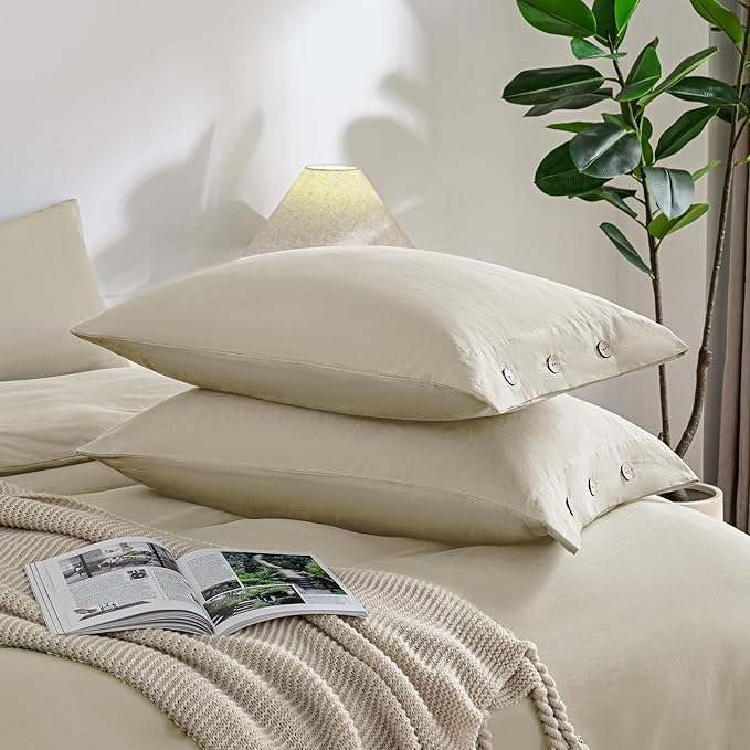 JELLYMONI Pillowcase Body Cotton 1pc Button Light Khaki Pillow Case 20×54in 100% Washed Cotton Soft Breathable Pillow Covers(Pillows are not Included)