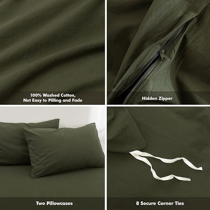 FOSSA Duvet Cover Set 100% Washed Cotton Linen Feel Super Soft Breathable Cozy 3 Pieces Bedding Sets Solid Olive Green Queen