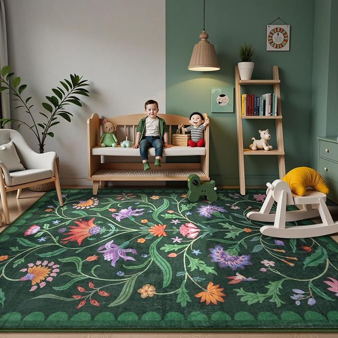 Lahome Boho Floral Washable Green 8x10 Area Rugs for Living Room, Vintage Non Slip Rugs for Bedroom, Ultra-Thin Indoor Throw Dining Room Carpet for Under Table Home Office(Forest Green,8x10)