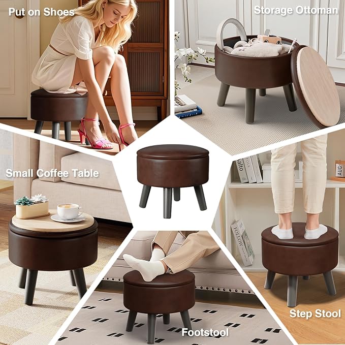 Small Foot Stool Ottoman with Storage, Faux Leather Ottoman Foot Rest for Couch, Round Footstool Ottomans for Living Room (Brown)