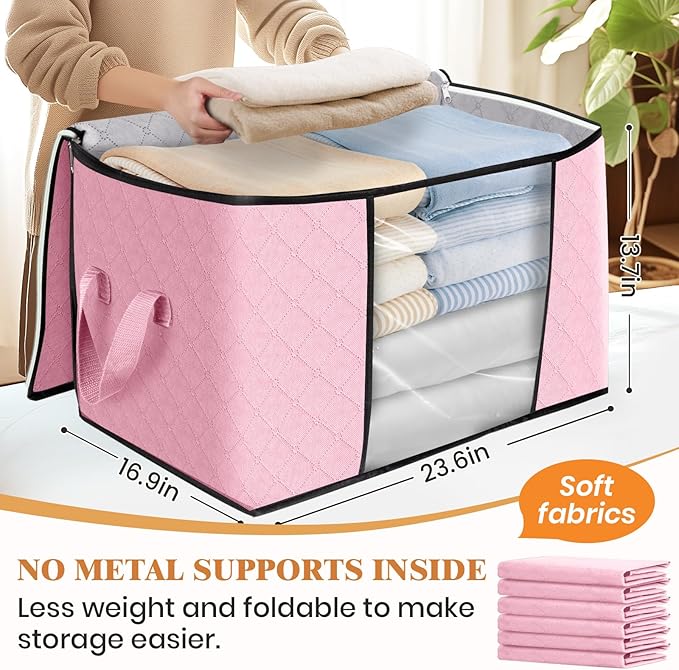 Fab totes 24 Gallons Clothes Storage, Foldable Thick Fabric Blanket Storage Bags, Containers for Organizing Bedroom, Closet, Clothing, Comforter, Organization with Handle (6 Pack,Pink)