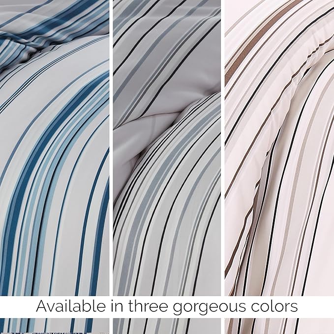 Southshore Fine Living, Inc. Oversized Striped Duvet Cover Queen Size/Full Size Set, Pet Hair Resistant Queen Duvet Cover Set, Hotel Quality Striped Bedding, 2 Pillow Shams - Coastal Stripe Grey