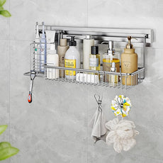 MINGLING Stainless Steel Shower Caddy, 41 cm Wall Back Crossbar Rustproof Shelves with 2 Long Tail Hook Clip, Large Capacity Bathroom Organizers and Storage