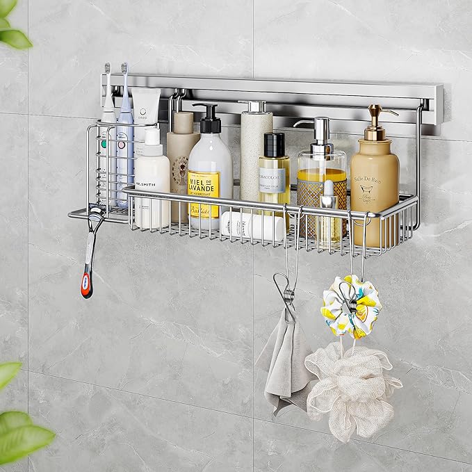 MINGLING Stainless Steel Shower Caddy, 41 cm Wall Back Crossbar Rustproof Shelves with 2 Long Tail Hook Clip, Large Capacity Bathroom Organizers and Storage