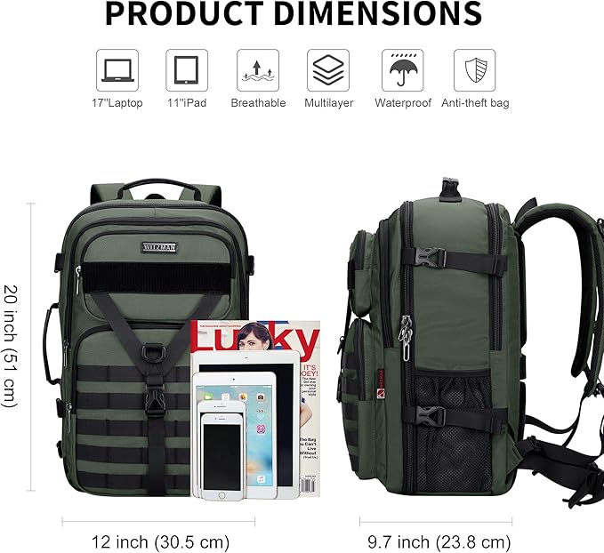 WITZMAN Carry On Travel Backpack for Men Large Convertible 45L Fit 17 Inch Laptop Backpack 3 in 1 Bag for Airline Approved(B688 Army Green)