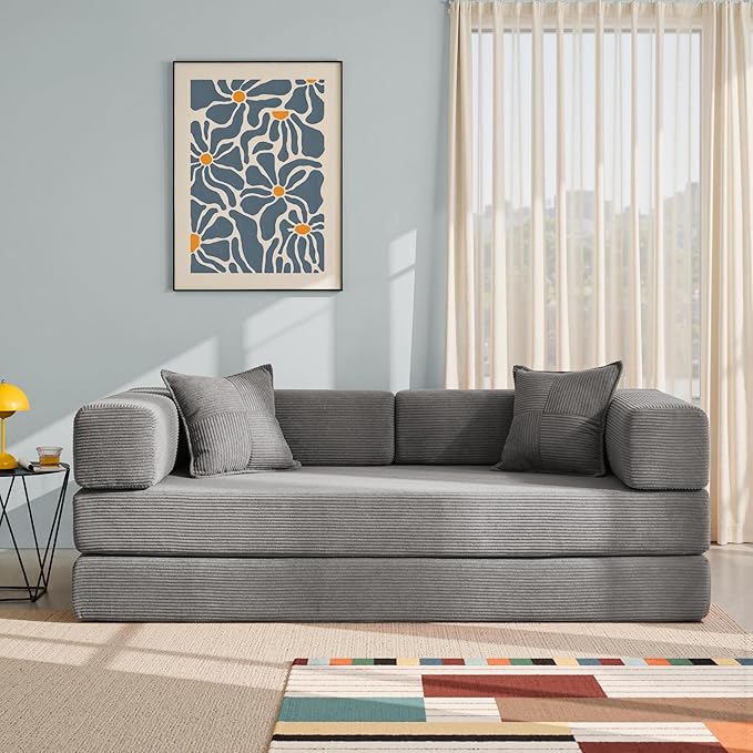 YINIX Foldable Sofa Bed, 78'' Folding Floor Couch, Compressed Convertable Sleeper Sofa, Memory Foam Couch with Pillow Back Support Armrest, 4-in-1 Futon Sofa Bed for Living Room, Light Gray