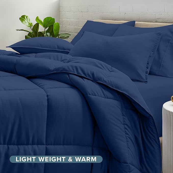 Bare Home Bed-in-A-Bag 5 Piece Comforter & Sheet Set - Twin - Goose Down Alternative - Ultra-Soft 1800 Premium Bed Set (Twin, Dark Blue/Dark Blue)