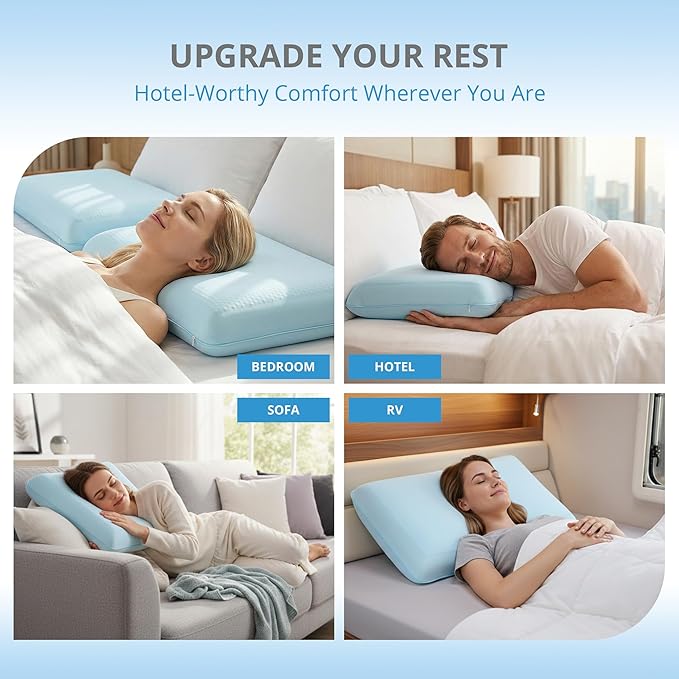 Cooling Pillow for Sleeping, Gel Memory Foam Pillow with Reversible Cover, Neck Support for Side, Back and Stomach Sleepers, Removable & Machine Washable Cover, Bed Pillows for Hot Sleepers, Blue