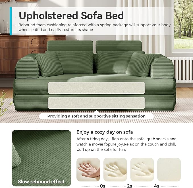 Upgrade High Backrest Design Sofa Bed with Fixed-Shape Frame & Removable Armrests and Backrest, Corduroy Fabric, Convertible Couch for Small Spaces - No Assembly Neede (High Backrest Olive Green)