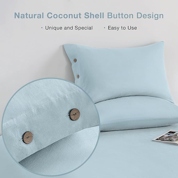 JELLYMONI Pillowcases King Set of 2 Cotton Button Pillow Covers 20×36in Light Blue Bed Pillow Cases 100% Washed Cotton Soft Breathable (Pillows are not Included)