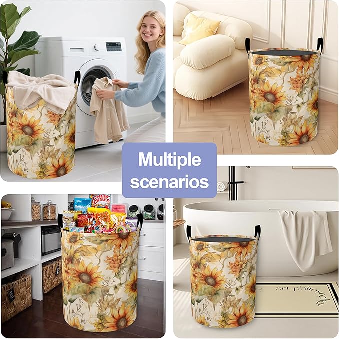 Laundry Basket, Retro Sunflower Flowers Oxford Cloth Laundry Hamper With Handle Foldable Portable Clothes Storage Basket Storage Bag For Laundry Room/Bathroom/Bedroom/Dormitories