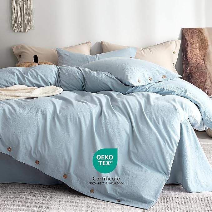 JELLYMONI 100% Washed Cotton King Pillowcases Set, 2 Pack Linen-Like Texture Breathable Pillow Covers with Button Closure,Mist Blue King 20"×36"(Pillows are not Included)