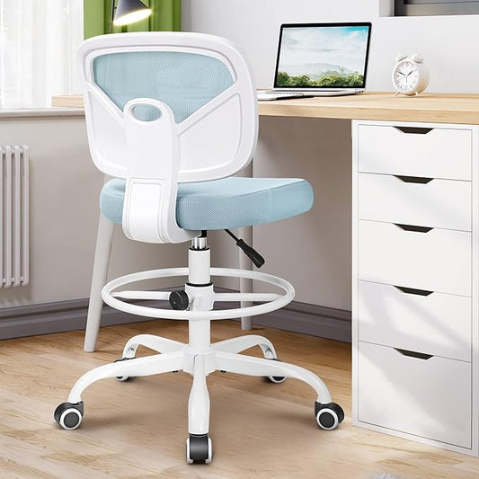 Primy Tall Drafting Desk Chair - Armless, Adjustable Height, Mesh Back, Rolling, Standing Desk Chair for Art Room, Office or Home (Light Blue)
