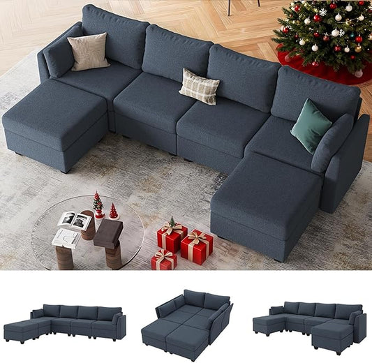 114.17" Modular Sectional Sofa, 6 Seat Modular Couch with Storage, Memory Foam, Convertible Sectional Couches for Living Room, U Shaped Comfy Modular Sofa with Chaise, Blue Grey