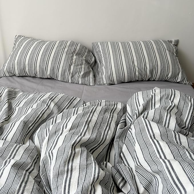 VM VOUGEMARKET Black Grey Striped Duvet Cover Set Queen Size - 3 Pieces Washed Cotton Bedding Set,Preppy Style Quilt Comforter Cover for College Dorm,90"x90"