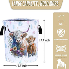 Highland Cow Laundry Basket Cattle Animal Foldable Oxford Cloth Funny Tote Bag Laundry Hamper Clothes Storage Bucket Organizer For Bathroom/Laundry Storage/Bedroom 17.7x13.7 Inch